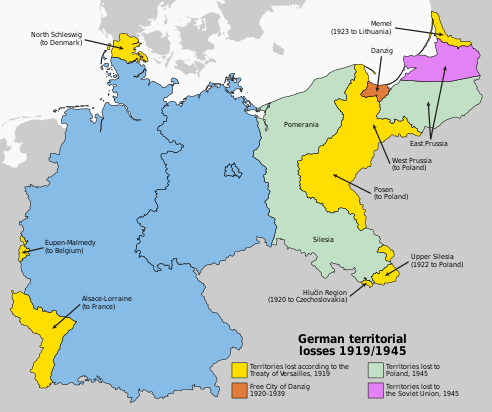 Changes in Germany's borders as a result of both World Wars, with the partition of East Prussia