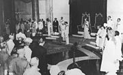 Jawaharlal Nehru being sworn in as the first prime minister of independent India by viceroy Lord Louis Mountbatten at 8:30 AM 15 August 1947.