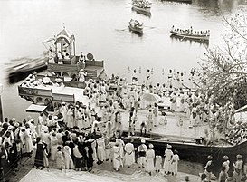 Maharana Fateh Singh (1884–1930) of Udaipur, on a royal barge, in Lake Pichola.