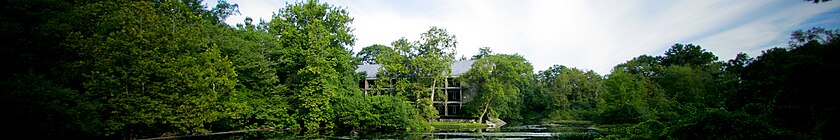 View of lake and trees surrounding the corporate headquarters in Westport, Connecticut