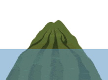 Animation showing an intact volcano that gradually shrinks in size with some of the lava around its perimeter replaced by coral