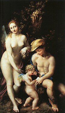 The Education of Cupid (1527) by Antonio da Correggio. This painting does not depict a Greek myth but rather reflects a growing interest in classical scholarship during the Renaissance.[59]
