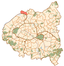 Carte de la petite couronne parisienne, avec le territoire d'Épinay-sur-Seine en rouge.