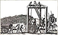 A monochrome illustration of a three-legged structure, with beams connecting each leg along the top (forming an equilateral triangle, on its side). Several men are sitting at the top of the structure, near a ladder, about 20 feet above the people below. A rope connects the top of the structure to the neck of a man, stood on a horsecart. Another man is reading from a book, in his direction. Horses pull another cart, on which two coffins can be seen. A large crowd is gathered on the horizon, watching the scene.