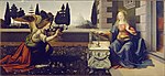 受胎告知』 初めにギルランダイオがテンペラで描いたものの上に、修行中のレオナルドがヴェロッキオの工房でディ・クレディなどを指導しつつ、制作した合作である。