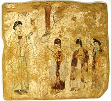 Rohaniwan Nestorian melaksanakan prosesi Minggu Palma, in a 7th- or 8th-century lukisan pada dinding sebuah gereja Nestorian di Tiongkok (abad ke-7 atau abad ke-8) dari zaman Kulawangsa Tang