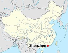 Staðsetning Shenzhen í Guangdong héraði í Kína.