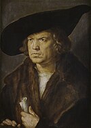 Retrato de um homem com pergaminho e um tipo de chapéu