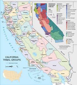 Two maps of California. One is color-coded and labeled to show the boundaries of different tribal groups and the other shows the boundaries of languages