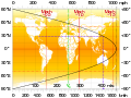 Image 15Plot of latitude versus tangential speed. The dashed line shows the Kennedy Space Center example. The dot-dash line denotes typical airliner cruise speed. (from Earth's rotation)