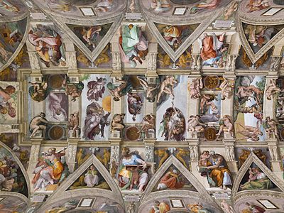 Part of the ceiling of the Sistine Chapel in Vatican City in Rome, showing the ceiling in relation to the other frescoes