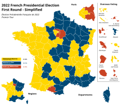Harta simplificată a alegerilor prezidențiale franceze din 2022 pentru primul tur