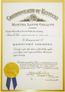 Kentucky Colonelcy certificate