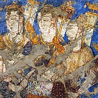 The triple-crescent crown in this Penjikent murals (top left corner), is considered as a late Hephthalite marker. 7th-early 8th century.[18][19]