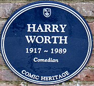 Comic Heritage plaque commemorating Harry Worth at the site of the former Teddington Studios, Greater London