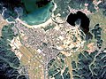 旧網野町中心部周辺の空中写真。1975年撮影の2枚を合成作成。国土交通省 国土地理院 地図・空中写真閲覧サービスの空中写真を基に作成。
