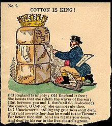 man in tophat with script coming out of pocket that says Manchester kneeling on an African American bowing before a bale of cotton depicted with a face and scepter and a crown on top of it.