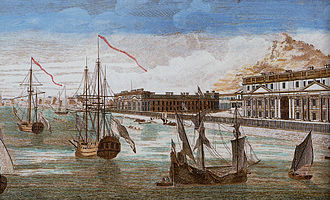 a colour print showing a harbour, with a ship in the foreground and buildings in the right background