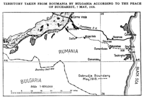 The Bulgaria–Romania border in Dobruja according to the Treaty (source: US Department of State, 1918)[1]