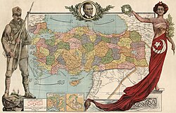 1927年地图中土耳其的拟人化，该地图在字母改革之前出版。1939年，哈塔伊共和国加入土耳其。