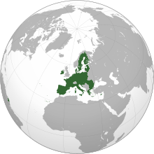 Một phép chiếu chính tả của thế giới, làm nổi bật Liên minh châu Âu và các quốc gia thành viên của nó (màu xanh lá cây).
