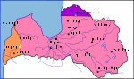 6 March 1919: After the Soviet attack, most of Latvia is under control of the Bolsheviks (pink)