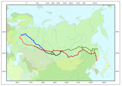 A linha Transiberiana em vermelho; a linha Baikal Amur em verde.
