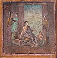 Image 42Female painter sitting on a campstool and painting a statue of Dionysus or Priapus onto a panel which is held by a boy. Fresco from Pompeii, 1st century (from Painting)