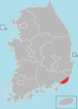 Peta Korea Selatan dengan lokasi Busan yang ditandai dengan warna merah