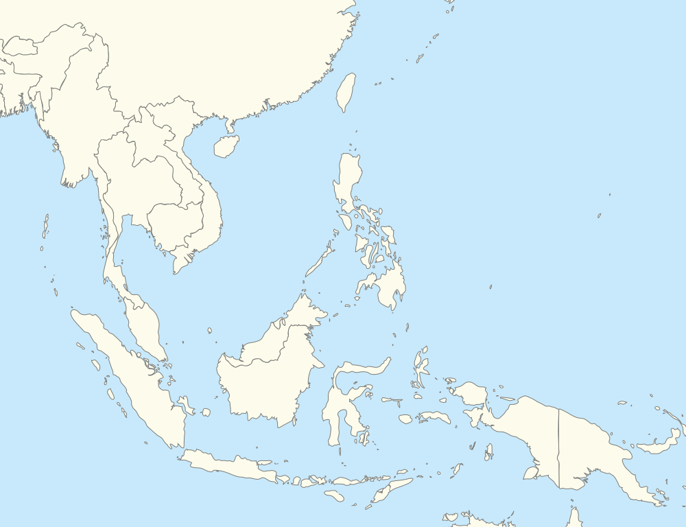 Mapa ng Timog-silangang Asya na nagpapakita ng pinakamataong mga lungsod. Nakamadiin o nakamakapal ang mga kabiserang lungsod.