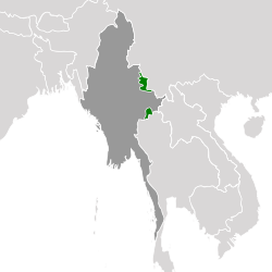 Negara Wa, sing diklaim UWSA (ijo), lan Myanmar (abu-abu tuwa).