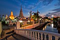 The temple and its footbridge over Khlong Somdet Chao Phraya by dusk