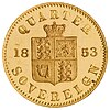 Coin with inscription "Quarter sovereign 1853"