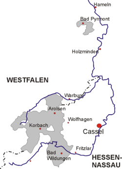 Map of Waldeck, showing the border between Westphalia and Hesse-Nassau