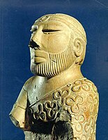 Statue of the "Priest King" wearing a printed robe, Mohenjo-daro, Indus Valley civilization, c. 2000–1900 BCE