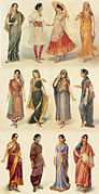 Illustration of different styles of sari, gagra choli and shalwar kameez worn by women in the Indian subcontinent, c. 1928