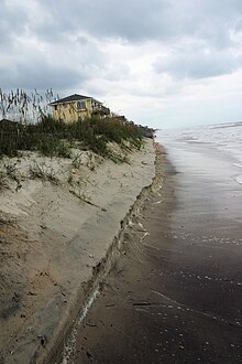 An image of a beach with large amounts of sand cut away, leaving a cliff-like edge near the water.