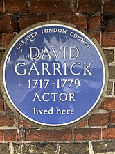 Blue plaque for actor David Garrick, at Garrick Villa, Hampton