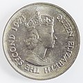 Mauritiusi 1 rúpiás érme 1971-ből, II. Erzsébet, mint Mauritius királynője képmásával.