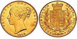 Gold coin with Queen Victoria on the obverse and the royal shield within a wreath on the other