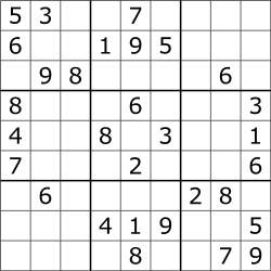 Um típico quebra-cabeça sudoku, com nove linhas e nove colunas que se cruzam em espaços quadrados. Algumas células são preenchidas com um número; outras são células em branco a serem resolvidas.