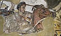 Alejandro Magno en un detalle del Mosaico de Issos, copia romana (ca. siglo I a. C.) de una pintura helenística realizada probablemente por Filoxeno de Eretria (ca. 325 a. C.) conservada en la Casa del Fauno, en Pompeya. Actualmente forma parte de la colección del Museo Arqueológico Nacional de Nápoles. Autor desconocido.