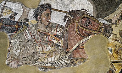 Damaged mosaic depicting a black-haired soldier in full armour but no helmet riding a chestnut horse, with the spears of fellow soldiers behind him