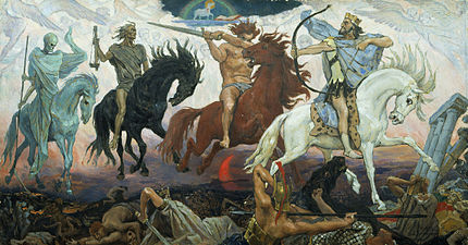 The biblical Four Horsemen of the Apocalypse, including famine riding a black horse (painting by Viktor Vasnetsov, 1887)