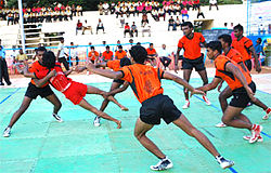 Players of kabaddi, a contact sport originating in ancient India.