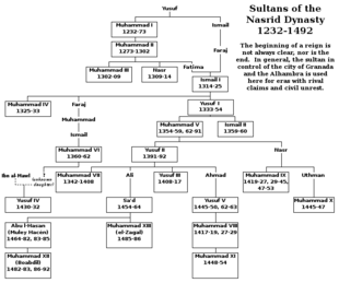 A large family tree of the Nasrid dynasty, including more than ten generations and more than twenty Sultans