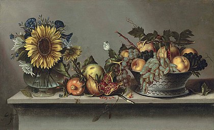 Flower vase and fruit bowl. Still Life with Flowers in a Vase and a Fruit Bowl on a Ledge by Antonio Ponce; 1640–60, 62 × 100 cm, private collection.