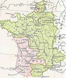 a map of France, colour coded to indicate who ruled where, showing the English possessions concentrated in the south west and amounting to about one-quarter of France.