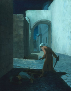 A painting of the scene in 1 Nephi 4 (in the Book of Mormon) when Nephi feels the spirit of God tell him to kill Laban, whom he has found unconscious on the street in Jerusalem. Two men on a cobblestone street, surrounded by high walls; the lighting of the sky and scene indicate it is nighttime. One man lies on the ground, his eyes shut. He wears clothing with very wide sleeves. A scabbard for a sword is at his belt. One arm rests under his head, as if his pillow. He is fully plunged in the shadow of a wall/building to the left in the image. This man is Laban. The second man stands over him, hunched over but leaning slightly back. His back down is caught in shadow; his head is caught in light (moonlight?). He has in his right hand a sword, visible only by silhouette in the lighting. He wears an orange-ish tunic that goes down to his wrists and shins. He wears a not-quite-turban head covering of a more bluish/whitish hue. This man is Nephi. In the background, the street stretches on, passing under a semi-oval arch.