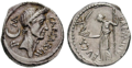ديناريوس من 44 ق.م، يُظهر يوليوس قيصر على الوجه والإلهة فينوس على ظهر العملة.